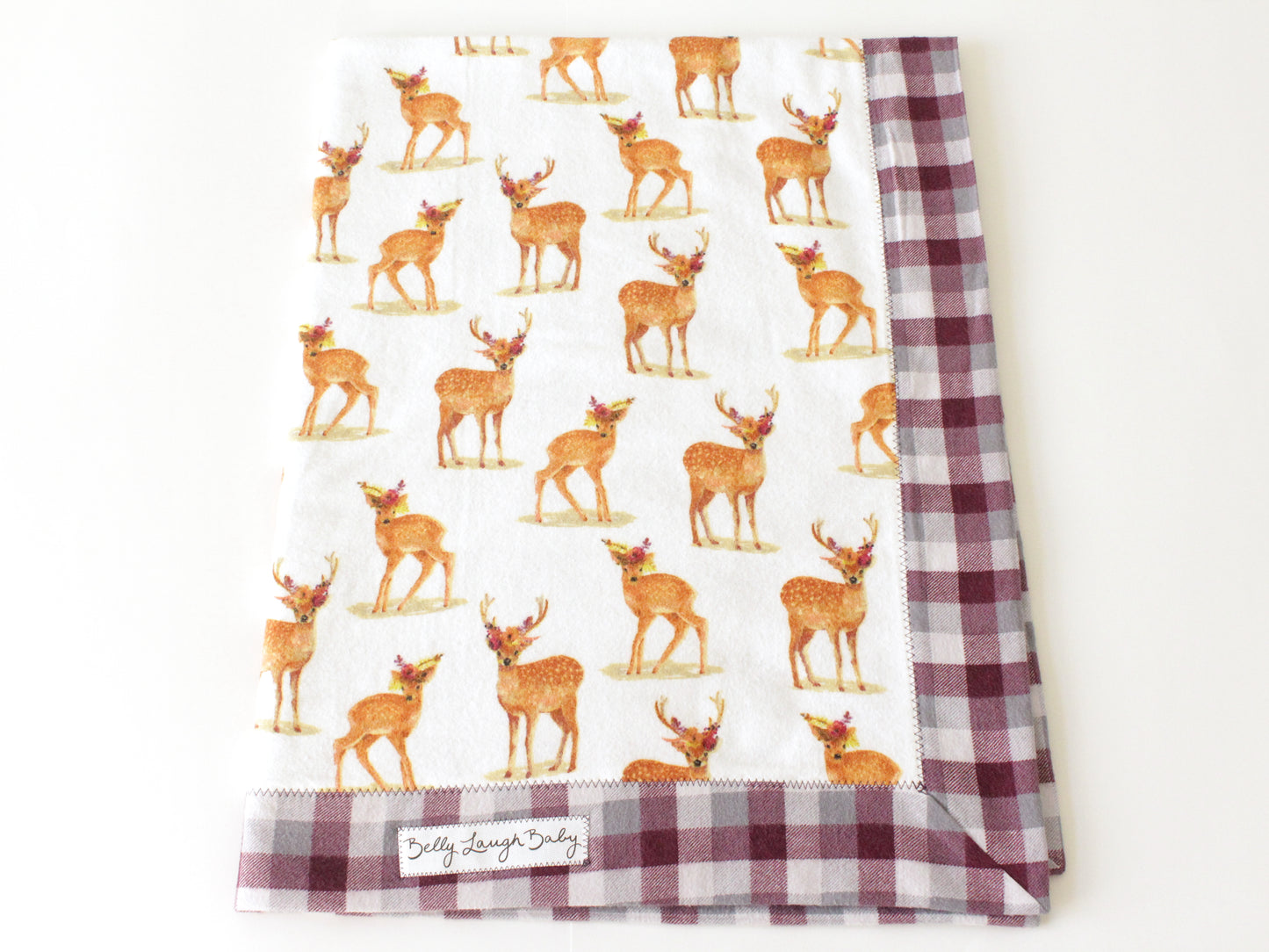 Extra-Large Woodland Deer Flower Crown Self Binding Flannel Baby Blanket | CPSC Compliant