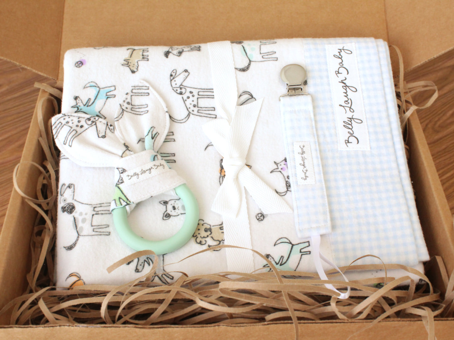 Blue Gingham Puppy Dog | New Baby Gift Box | Newborn Baby Shower Gift Basket for Boy | CPSC Compliant
