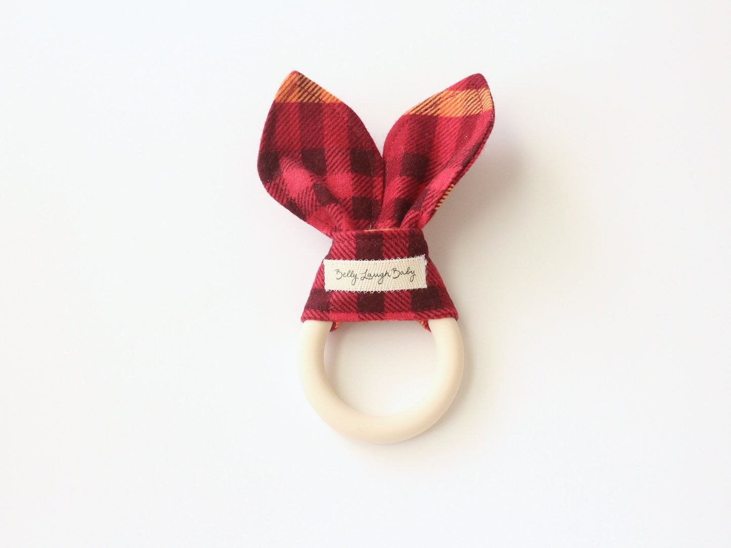Red and Orange Silicone Plaid Bunny Ear Teether | Gender Neutral Baby Shower Gift Sensory Toy | CPSC Compliant