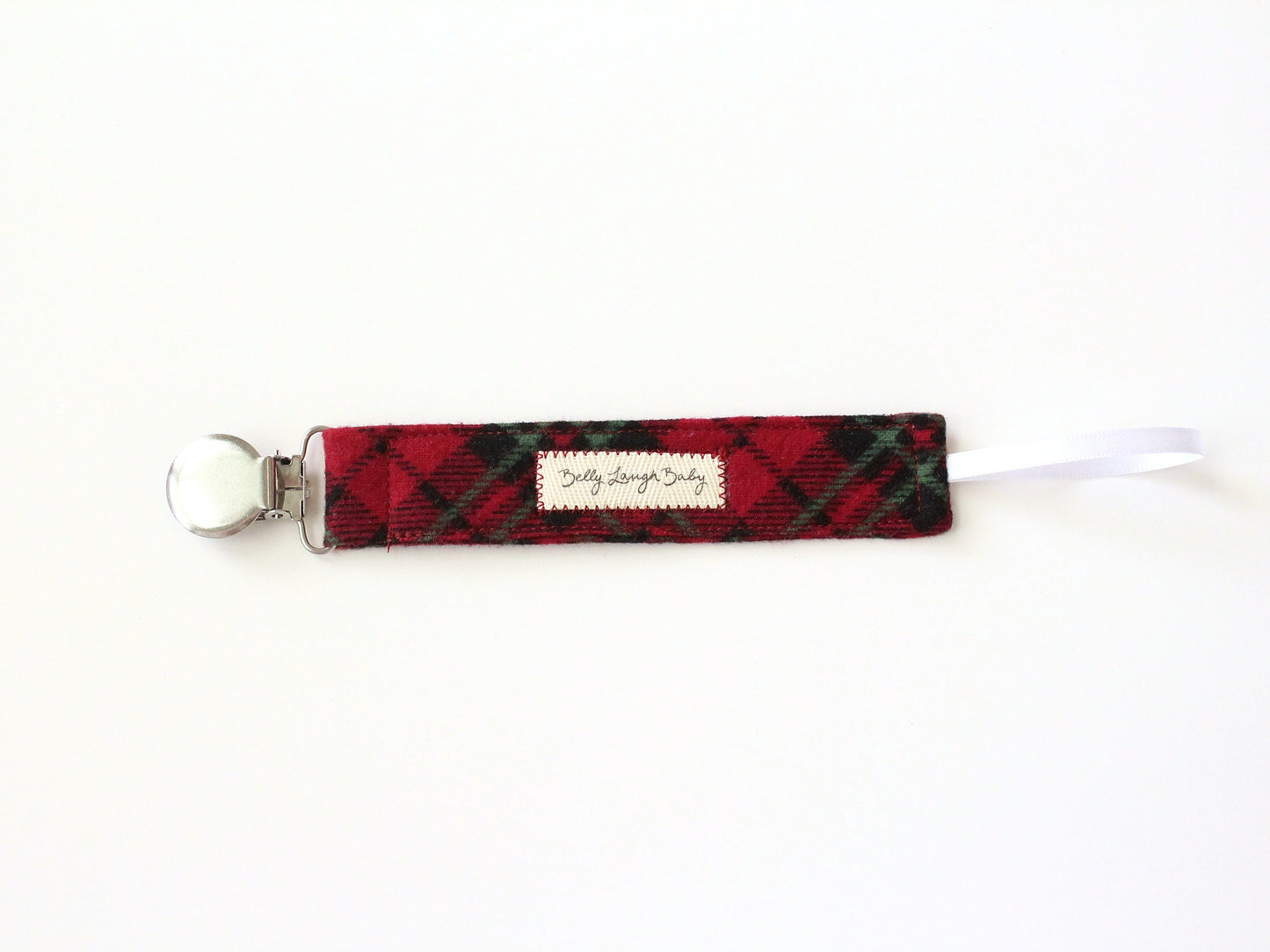 Red and Green Plaid Fabric Pacifier Clip | Gender Neutral Baby Gift | Soother Leash Binky Holder | CPSC Compliant