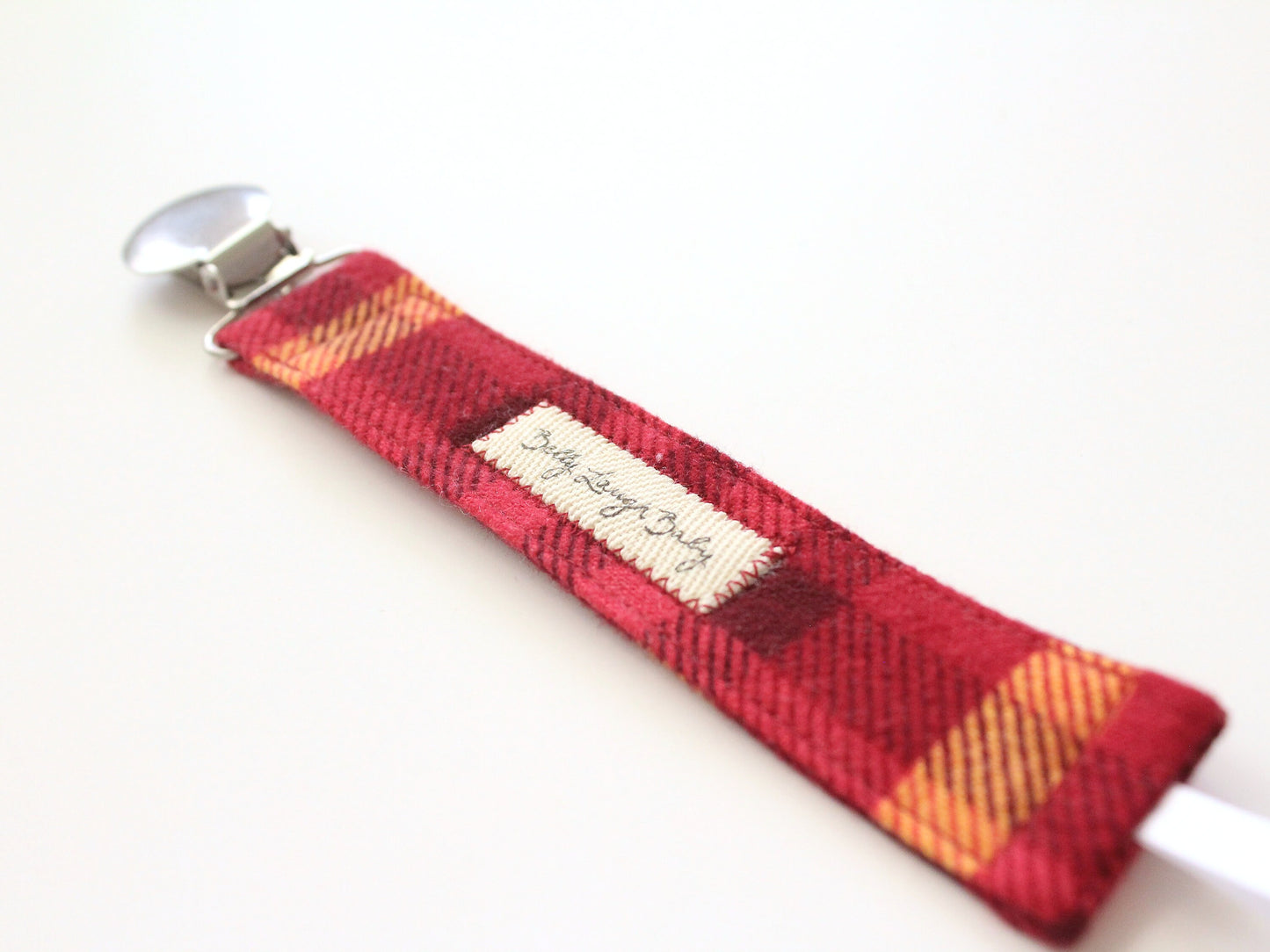 Red and Orange Plaid Fabric Pacifier Clip | Gender Neutral Baby Gift | Soother Leash Binky Holder | CPSC Compliant