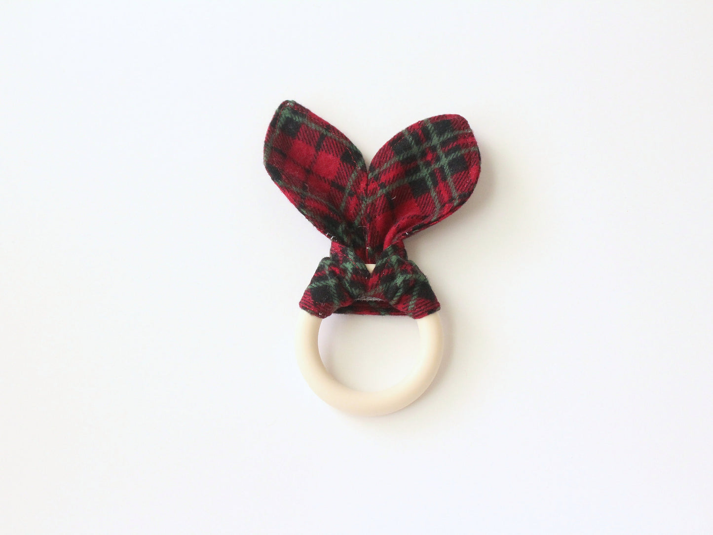 Red and Green Plaid Bunny Ear Teether and Pacifier Clip Bundle | Gender Neutral Baby Shower Gift Bundle Set | CPSC Compliant