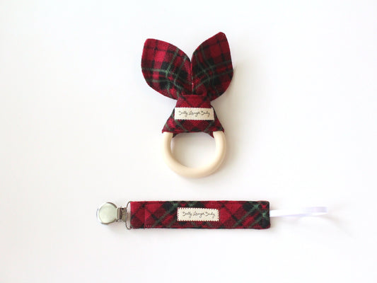 Red and Green Plaid Bunny Ear Teether and Pacifier Clip Bundle | Gender Neutral Baby Shower Gift Bundle Set | CPSC Compliant