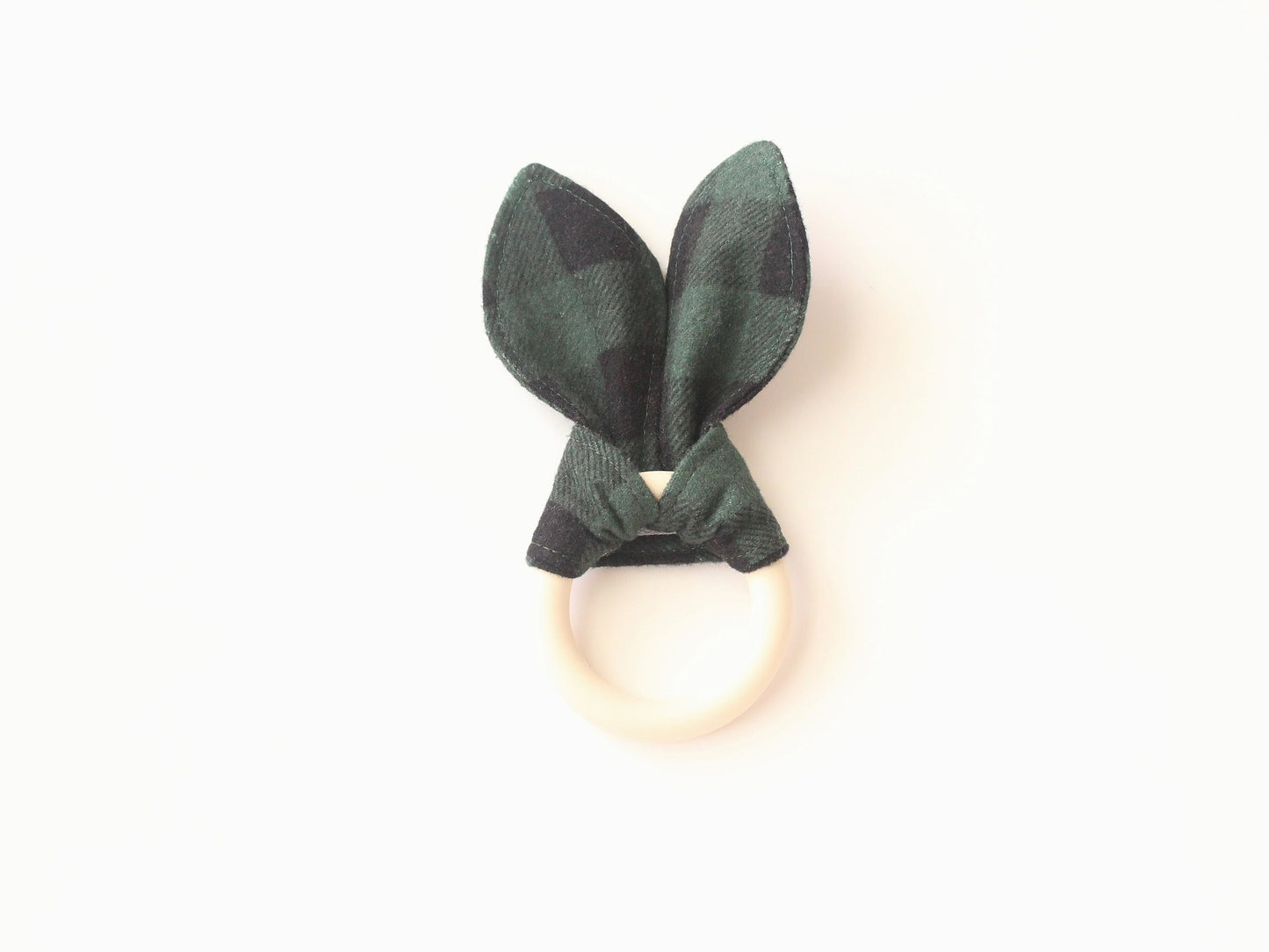 Green Buffalo Check Silicone Bunny Ear Teether | Gender Neutral Baby Shower Gift Sensory Toy | CPSC Compliant