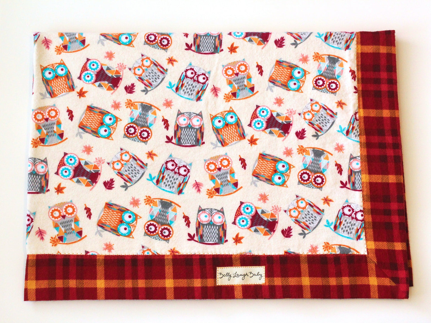 Fall Plaid Owl Extra Large Self Binding Flannel Baby Blanket | Gender Neutral | CPSC Compliant