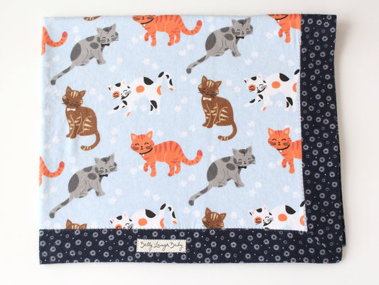 Kitty Cat Self Binding Flannel Baby Blanket  | Gender Neutral | CPSC Compliant