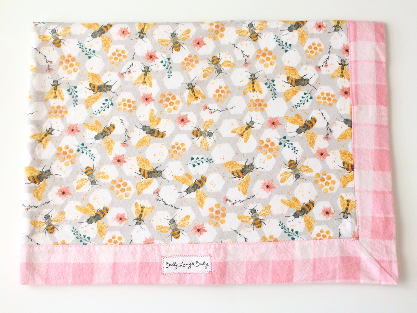Floral Bee Extra Large Self Binding Flannel Baby Blanket | CPSC Compliant