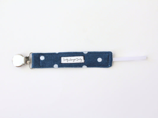 Navy Blue Polka Dot Pacifier Clip | Fabric Pacifier Clip | Pacifier Holder | Stainless Steel Clip | Binky Clip | CPSC Compliant