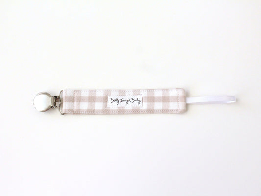 Linen Feel Cotton Pacifier Clip Gender Neutral Beige Cream Gingham | Baby Gift | Soother Leash Binky Holder | CPSC Compliant