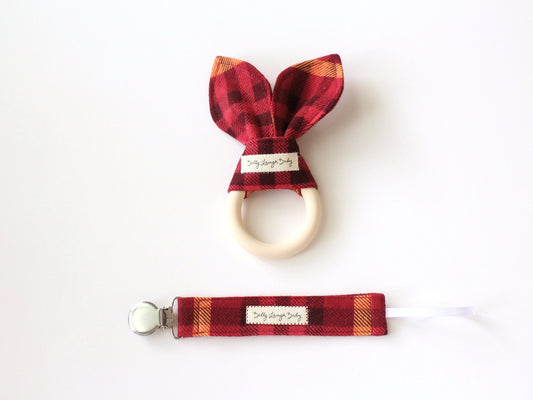 Red and Orange Plaid Bunny Ear Teether and Pacifier Clip Bundle | Gender Neutral Baby Shower Gift Bundle Set | CPSC Compliant