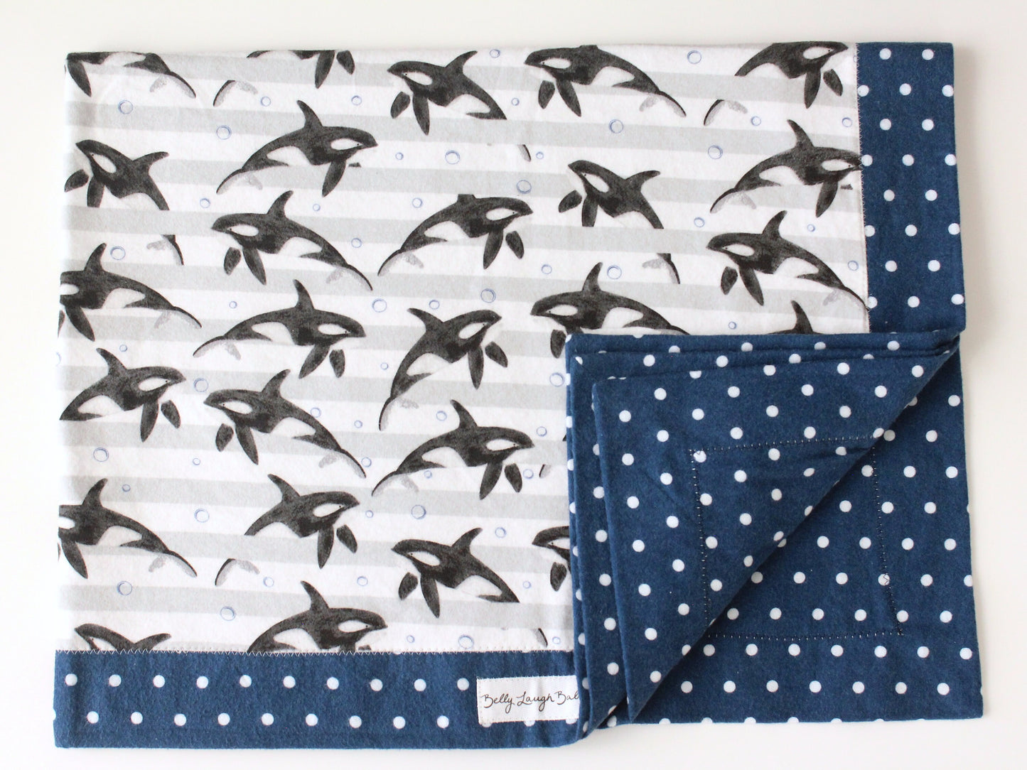 Polka Dot Whale Extra Large Self Binding Flannel Baby Blanket | CPSC Compliant