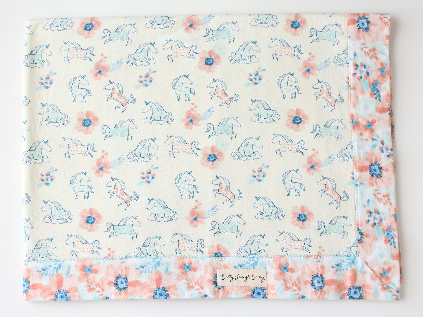Floral Unicorn Extra Large Self Binding Flannel Baby Blanket  | CPSC Compliant