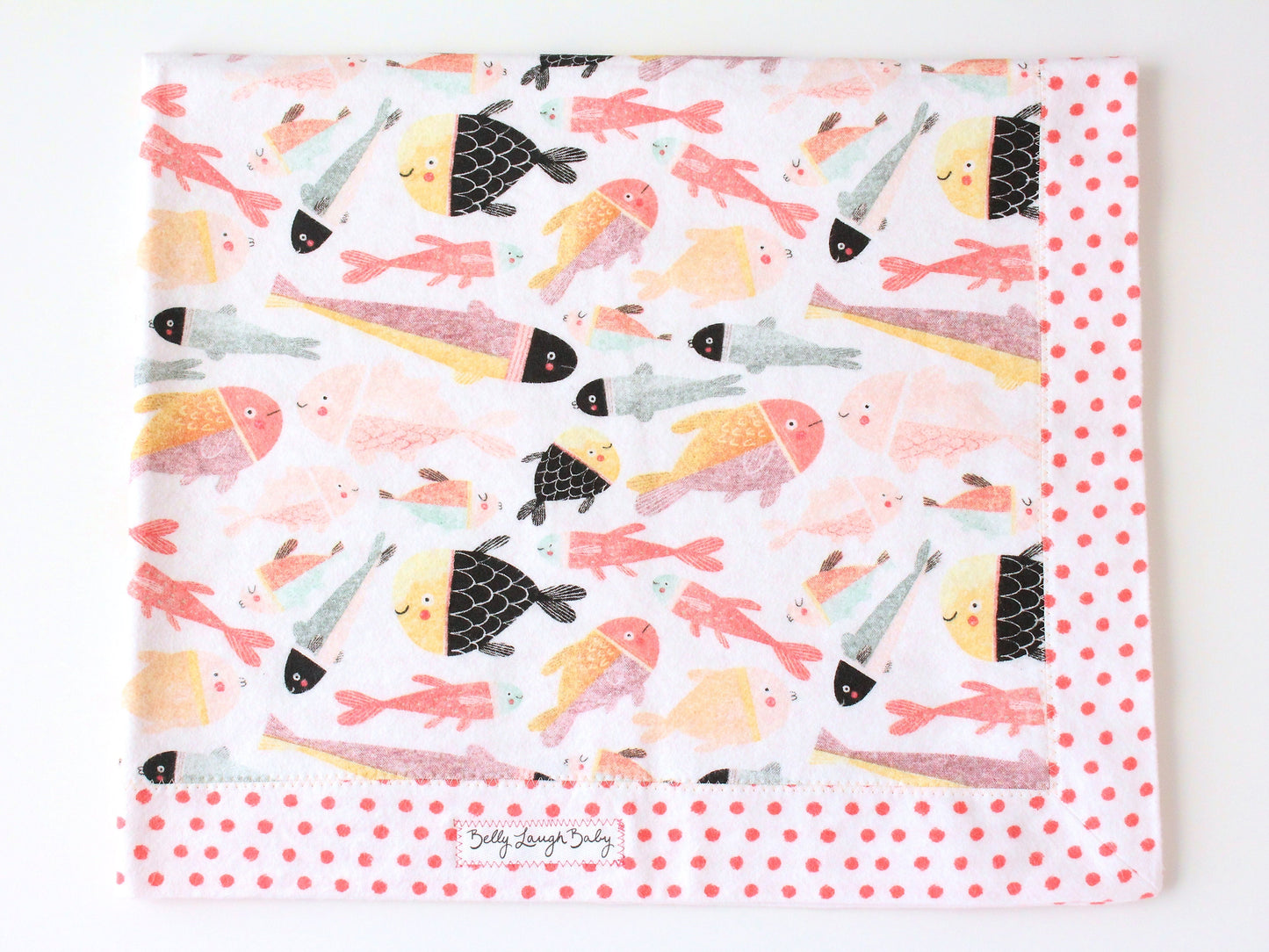 Fish Polka Dot Self Binding Flannel Baby Blanket  | Gender Neutral | CPSC Compliant