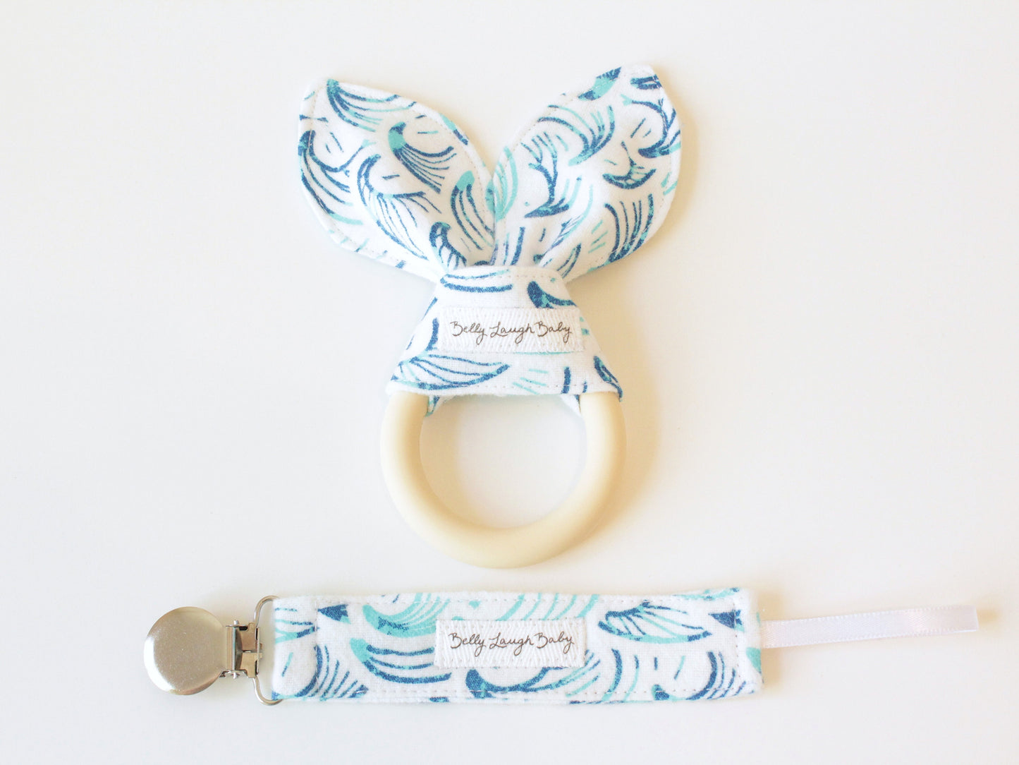 Ocean Wave Bunny Ear Teether and Pacifier Clip Bundle | Gender Neutral Baby Shower Gift Bundle Set | CPSC Compliant