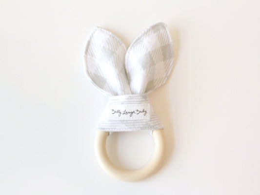 Gray Gingham Silicone Bunny Ear Teether | Gender Neutral Baby Shower Gift Sensory Toy | CPSC Compliant