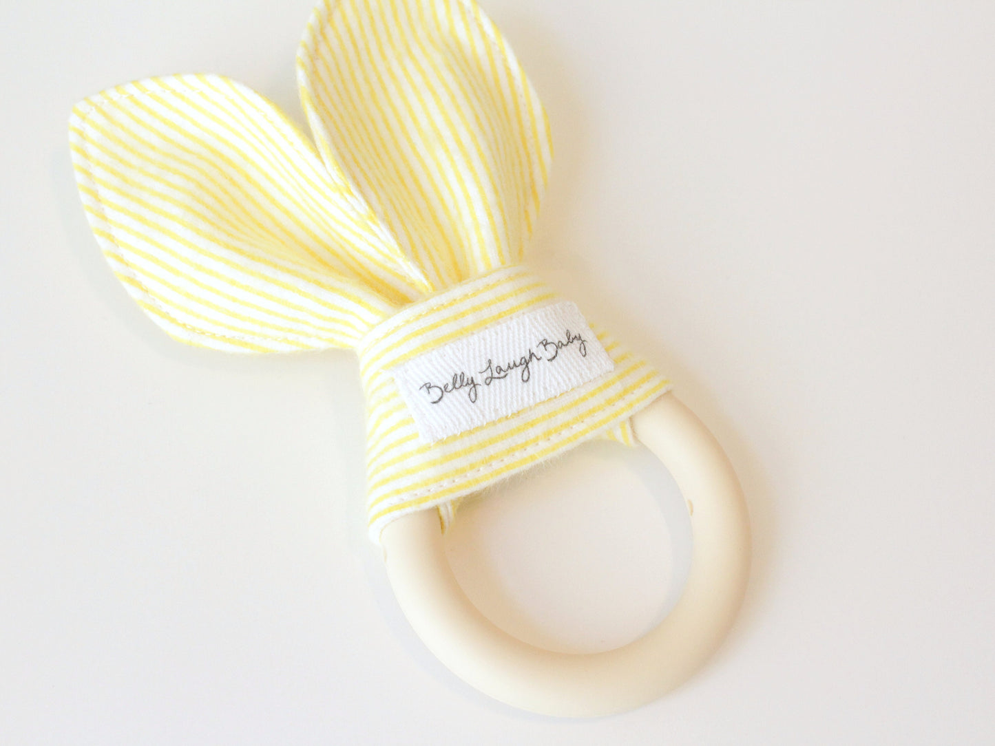 Yellow Pinstripe Silicone Bunny Ear Teether | Gender Neutral Baby Shower Gift Sensory Toy | CPSC Compliant