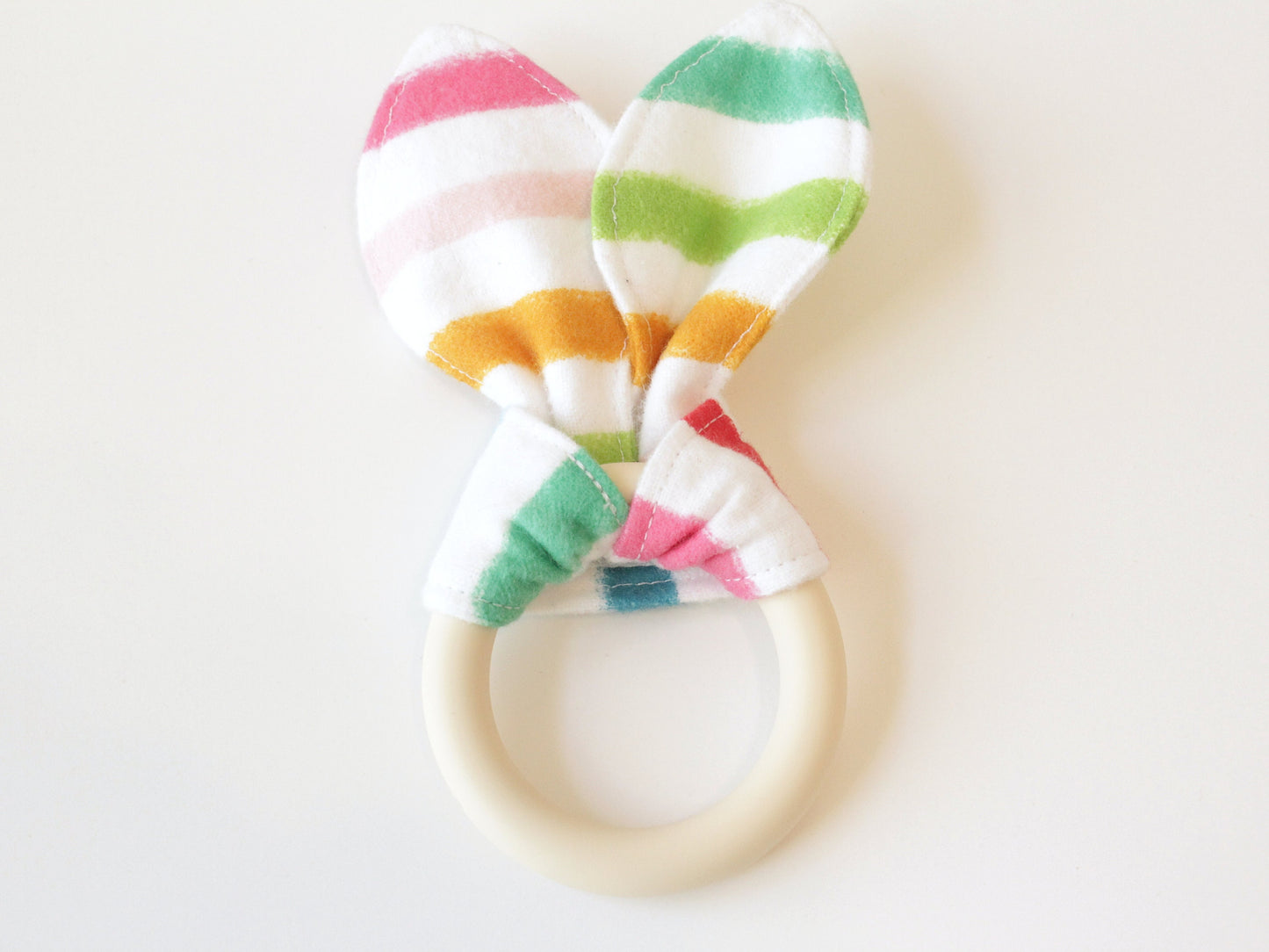 Rainbow Stripe Silicone Bunny Ear Teether | Gender Neutral Baby Shower Gift Sensory Toy | CPSC Compliant