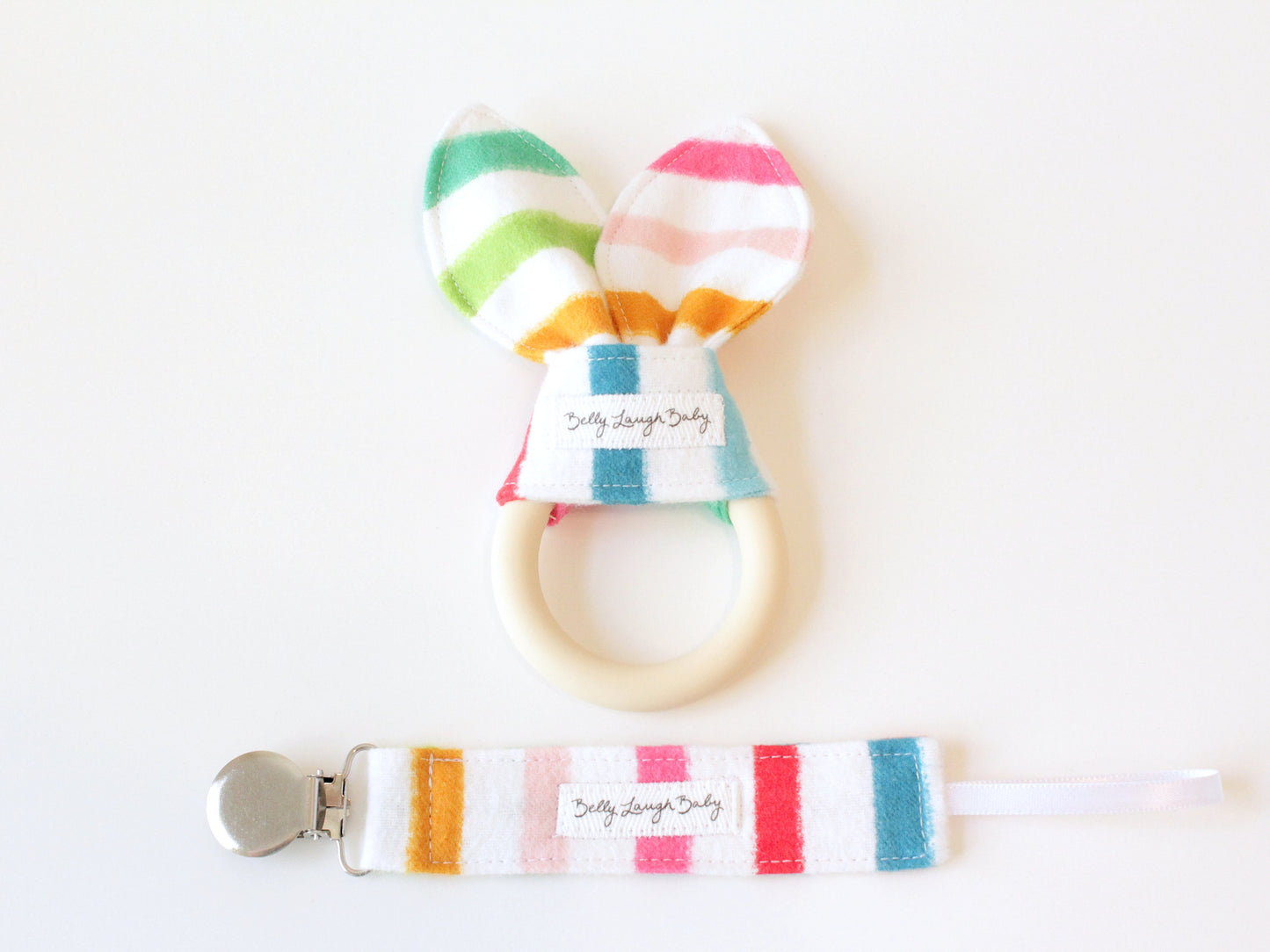 Rainbow Stripe Bunny Ear Teether and Pacifier Clip Bundle | Gender Neutral Baby Shower Gift Bundle Set | CPSC Compliant