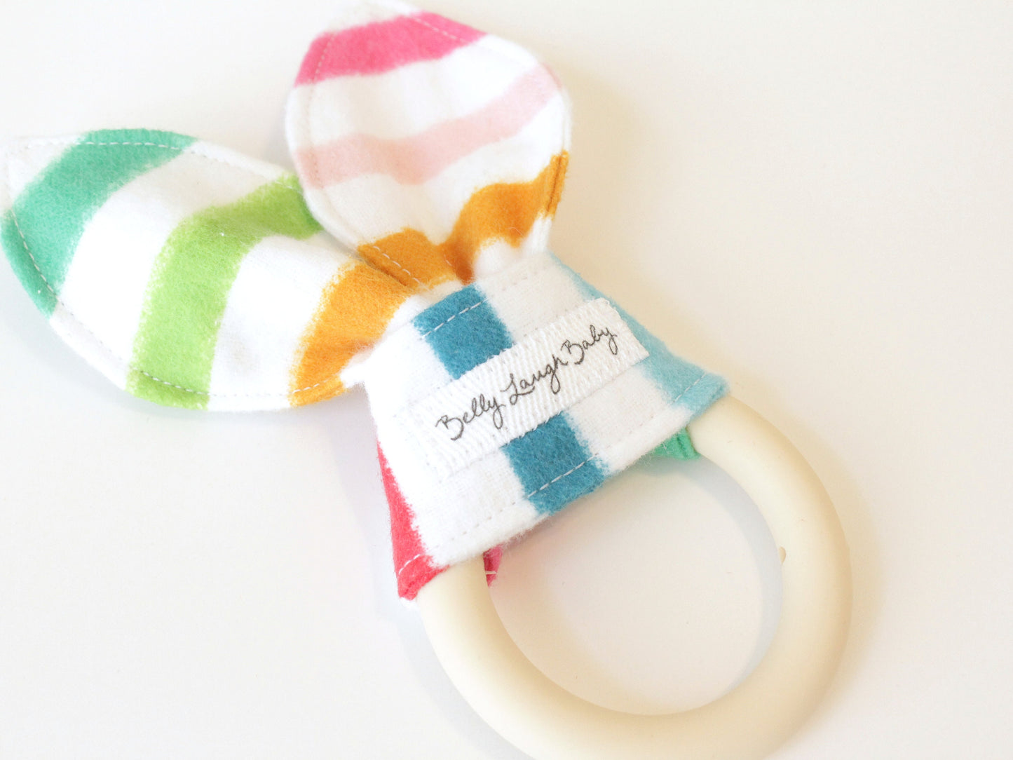 Rainbow Stripe Silicone Bunny Ear Teether | Gender Neutral Baby Shower Gift Sensory Toy | CPSC Compliant