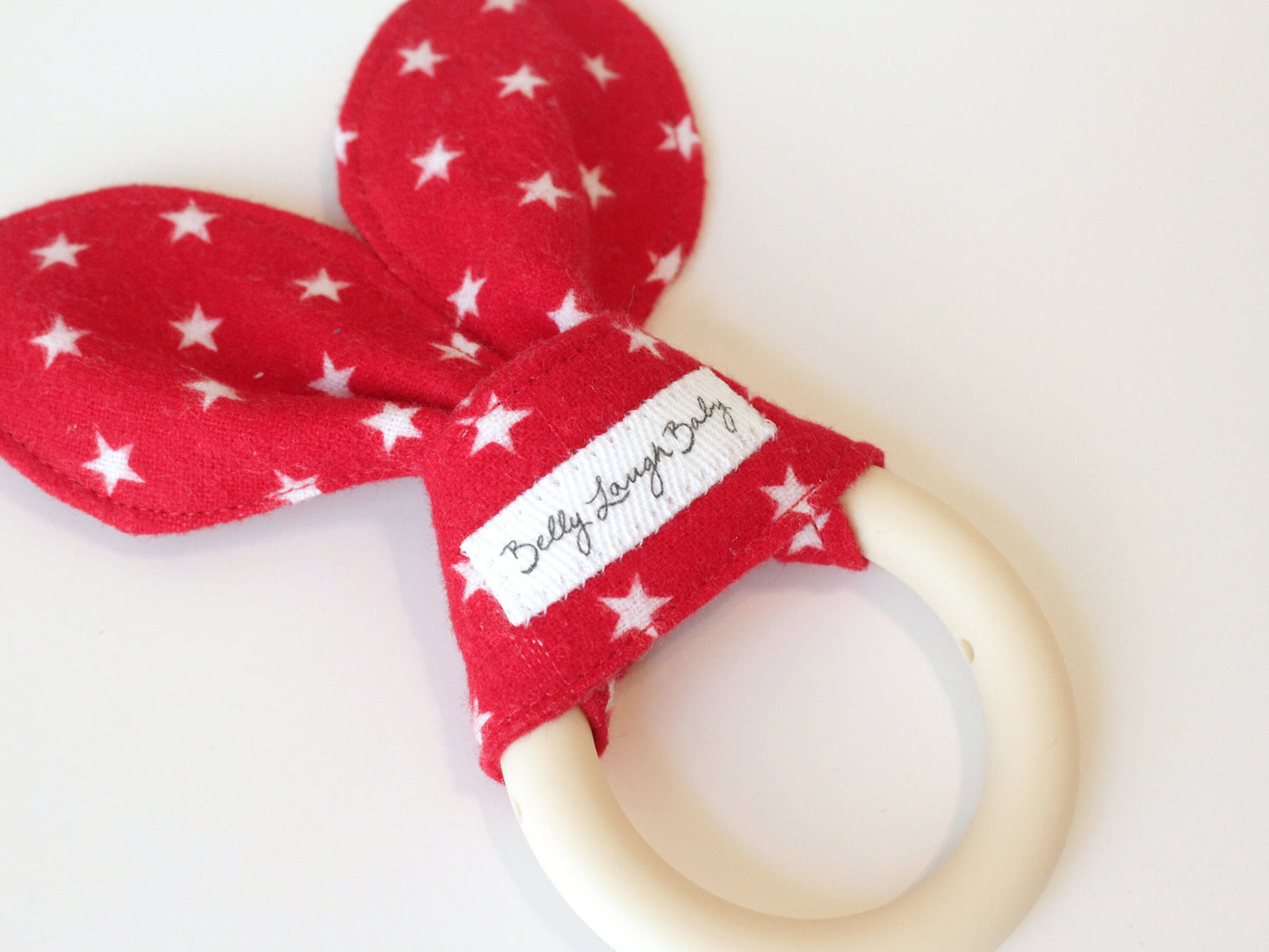 Red Stars Silicone Bunny Ear Teether | Gender Neutral Baby Shower Gift Sensory Toy | CPSC Compliant